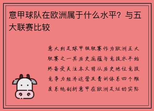 意甲球队在欧洲属于什么水平？与五大联赛比较