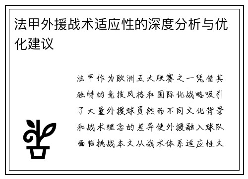 法甲外援战术适应性的深度分析与优化建议
